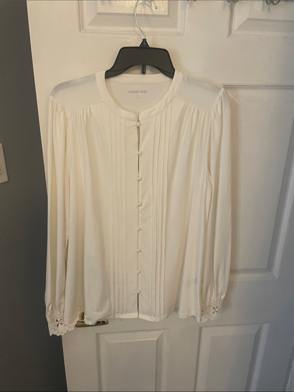 Lands' End Cream Long-Sleeve Pintuck Blouse with Lace Cuffs